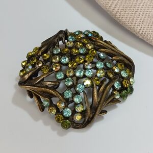 Signed Karu Arke Green Blue AB Rhinestone Bronze Tone Brooch